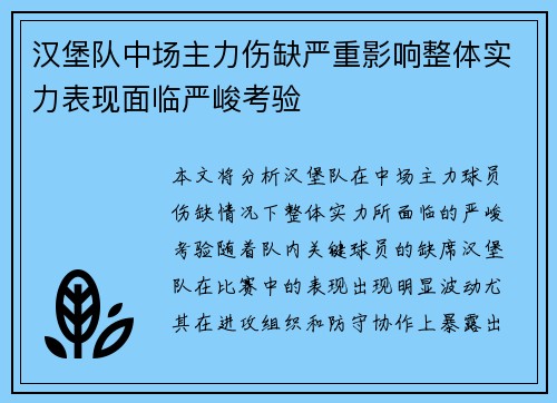 汉堡队中场主力伤缺严重影响整体实力表现面临严峻考验