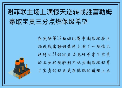谢菲联主场上演惊天逆转战胜富勒姆 豪取宝贵三分点燃保级希望