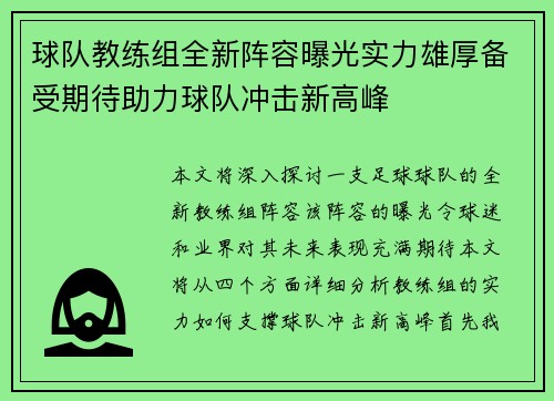 球队教练组全新阵容曝光实力雄厚备受期待助力球队冲击新高峰