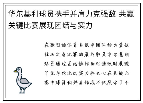 华尔基利球员携手并肩力克强敌 共赢关键比赛展现团结与实力