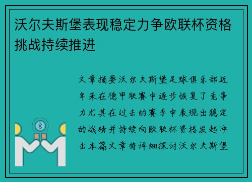 沃尔夫斯堡表现稳定力争欧联杯资格挑战持续推进